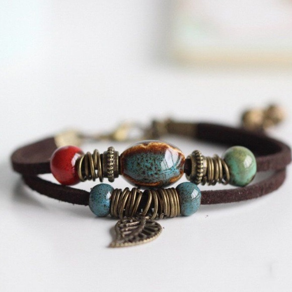 Jewelry - Leather Bead & Bronze Bracelet